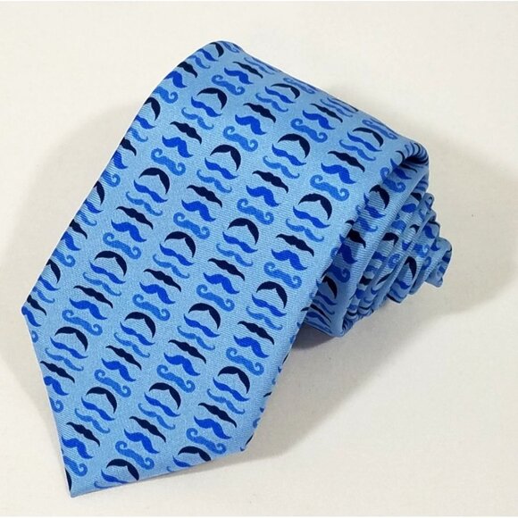 Tailorbyrd Collection Silk Tie Blue Mustache Pattern For Men - Picture 2 of 8